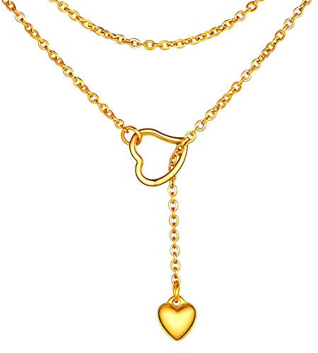 FOCALOOK Damen Lariat Halskette 18k vergoldet Liebe Herz Anhänger mit 80cm Rolokette trendig verstellbar lang Y-Kette Modeschmuck Accessoire für V-Ausschnitt Pullover Kleid