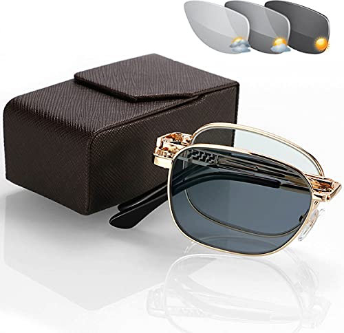 JYCCH Mini-HD-Lesebrille aus Kunstharz, photochrom, strahlungs- und UV-beständig, Faltbare Lesebrille für Männer und Frauen,Gold,+2.50 (Gold 1)