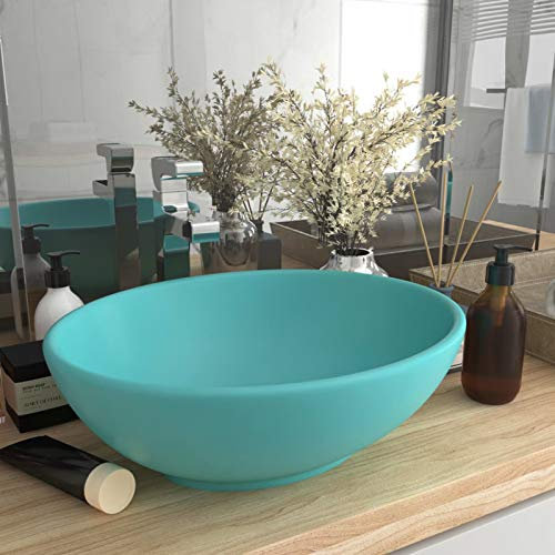 Lechnical Lavandino Lusso Ovale Verde Chiaro Opaco 40x33 cm in Ceramica,Lavandino Lusso Lavello per Bagno Lavabo per Toilette Sanitari Prodotti per Bagno