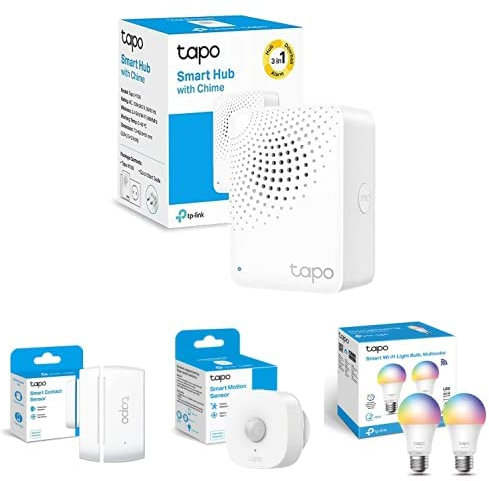 Tapo H100 – Paquete de concentrador Inteligente + Sensor de Contacto T110 + Sensor de Movimiento T100 + Paquete de 2 Bombillas Inteligentes Multicolores L530E