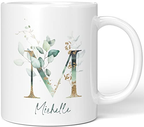 JUNIWORDS Tasse, Michelle, Name Anfangsbuchstabe Initial Alphabet Floral Buchstabe M Monogramm Motiv, Weiß (5467573)
