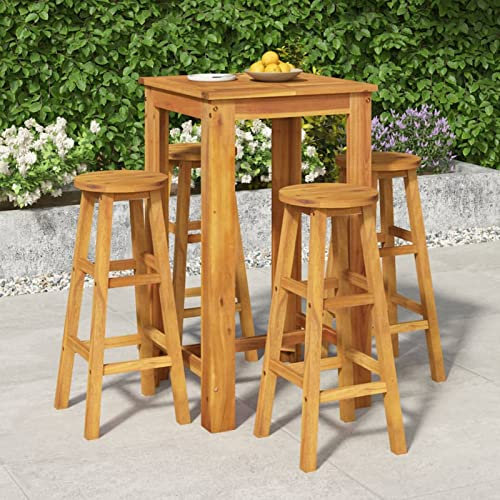 Tidyard 5-TLG. Garten Essgruppe, Gartenbar Set, Gartentheke Bartisch und Barhocker mit Runder Sitzfläche, Terrassenmöbel Gartenmöbel Massivholz Akazie