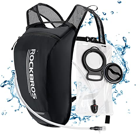 ROCKBROS Rucksack mit 2L Trinkblase Trinkrucksack Fahrradrucksack mit Trinksystem Auslaufsicher Trinkbeutel Ultraleicht Schwarz Reflektoren für Radfahren Laufen Wandern MTBen Wandern