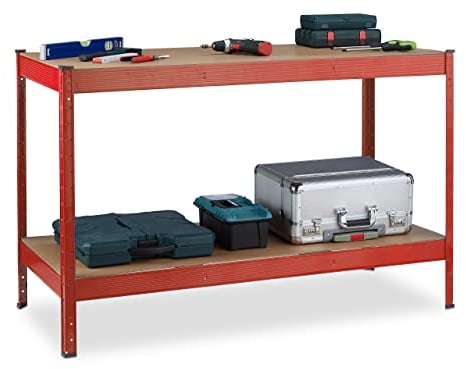 Relaxdays Banco da Lavoro Officina, Tavolo da Garage, 2 Scaffali, Altezza Regolabile, Acciaio e MDF, Rosso, 91x141x61 cm ca