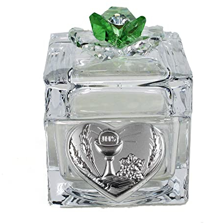 DLM 34452-verde (Kit 12 Pezzi) Scatola Scatolina Porta Confetti in Vetro con Fiore colorato in Cristallo e Cuore Calice della Prima Comunione Confettata_Verde bomboniera