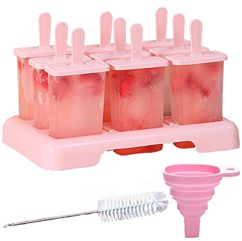 DKDDSSS 11PCS Ice Lolly Moulds with Sticks, Reusable Popsicle Mould, Easy to Remove, Cleaning Brush, Silicone Folding Funnel, DIY Ideas for Frozen Yogurt, Juice, Smoothies, Milkshake (Pink)