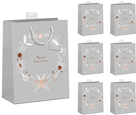 PremiumLine Geschenktaschen Weihnachten 6 Stück | edle DIN A5 Geschenktüten Papier Geschenkbeutel mittel | farbige Kordel, Namenskarte | Merry Christmas, Medium 18x23x10cm | Skorpion Papeterie