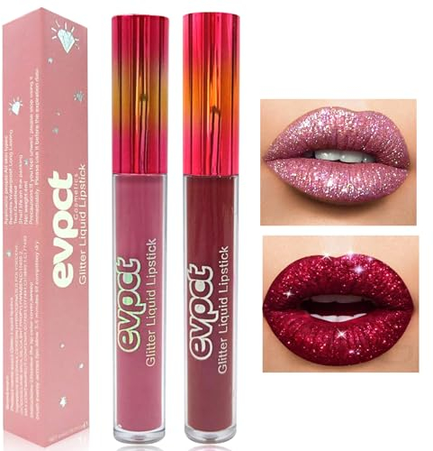 Likesing 2 Pezzi Rossetto Lunga Durata Set Lucidalabbra Kit Labbra Opaco Rosso Glitter Liquido Lipgloss Volumizzante Lipstick Matte Trucco Regalo Donna per Trucchi Ragazza