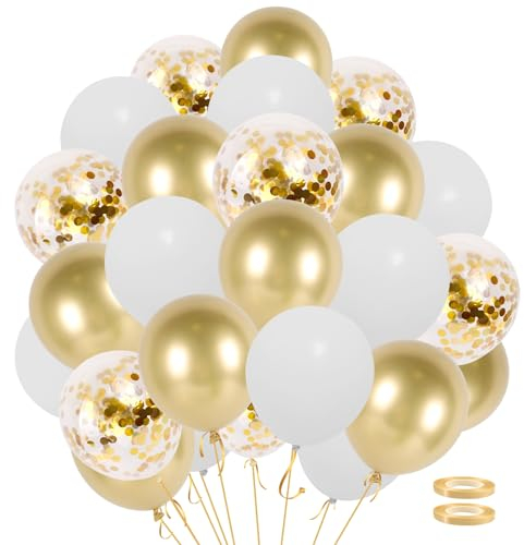 62 Palloncini Oro e Bianco, Kit Palloncini Decorazion Compleanno, Set Palloncini Trasparenti Bianchi Perlato Oro, Palloncini Battesimo Bimba, Elio Palloncini Matrimonio Sposi Baby Shower Comunione