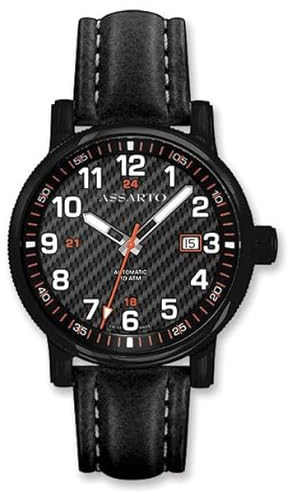 ASSARTO® - Herren Uhr Automatik Carbon-Schwarz (Masterpiece-Serie) mit Schweizer Uhrwerk IP-Edelstahl Gehäuse & Leder-Armband - Männer Herrenuhr & Armbanduhr mit Datumsanzeige analog, wasserdicht