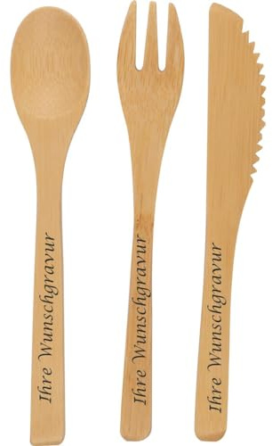 Bambus Besteck Set mit Gravur / im Baumwolletui mit Gabel, Messer und Löffel
