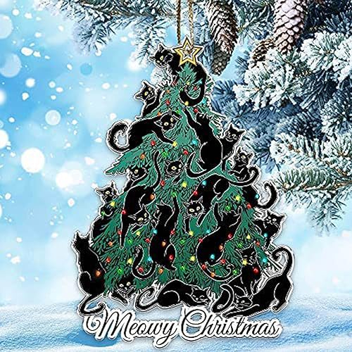 Schwarze Katze Weihnachtsschmuck, 2D Acryl Weihnachtsbaumschmuck, Christbaumschmuck Schwarz, Niedlicher Weihnachtsbaum Geschmückt, Weihnachtsanhänger Klein