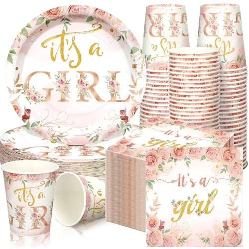 200 Pcs Floral Baby Shower Paper Plates Napkins Cups Baby Shower Party Supplies Tableware Set Rose Gold Disposable Cup Napkin for 50 Guest Girls Spring Party Decoration