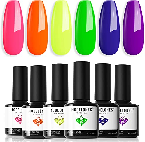 Modelones UV Nagellack Neon, 6 Farben Gel Nagellack Orange Grün Blau Gelb Violett Rosa für Sommer Soak Off Nail Polish French Manicure DIY zu Hause Geschenke, 7 ml