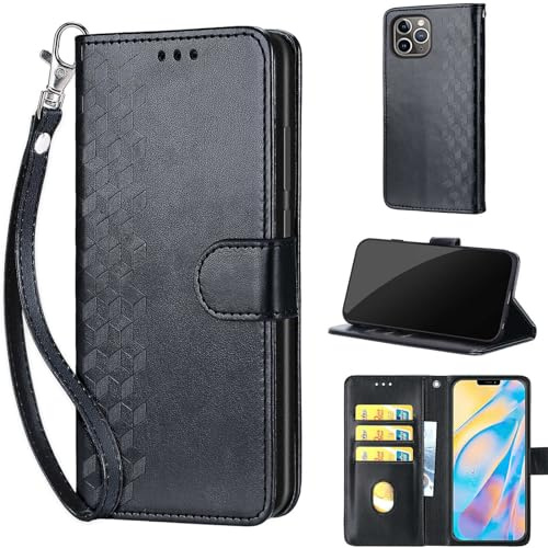 KENHONER Phone Case for iPhone 12 Pro Max, Square - Black | Shockproof Flip Wallet, Card Slots, Kickstand, PU Leather, Wrist Strap Lanyard