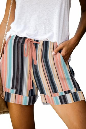 QUEEN PLUS Women's Modest Casual Shorts Vintage Inspired Pants Loose Elastic-Waisted Drawstring Shorts Retro Stripe M