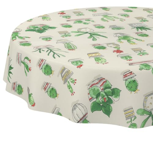 Tischdecke Stoff abwaschbar Tischtuch Tafeldecke pflegeleicht Lotuseffekt schmutz- & wasserabweisend für Indoor Outdoor Tischdecke Rund 140cm Schnittkante Kaktus