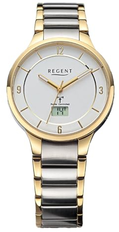 REGENT URFR288 Montre radio-pilotée analogique et numérique pour femme Bracelet en métal argenté doré, Argenté, doré et argenté