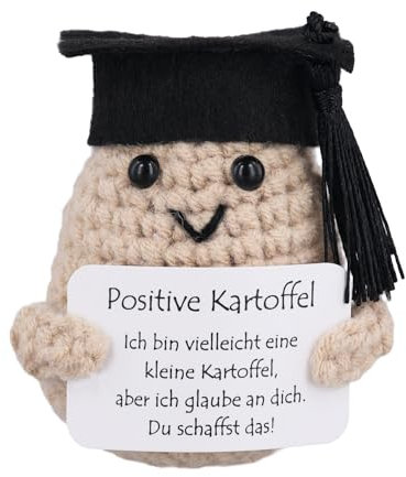 PEUTIER Lustige Gestrickte Positive Kartoffel mit Abschlusskappe, 8,5cm Strickspielzeug mit Deutscher Karte Kreative Inspirierende Häkelpuppe Geschenk für Kinderfreunde Geburtstagsfeier Abschluss