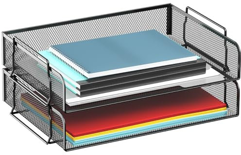 GAWERK Bandeja apilable de 2 niveles, organizador de escritorio de malla metálica para almacenamiento de archivos para oficina en casa, color negro