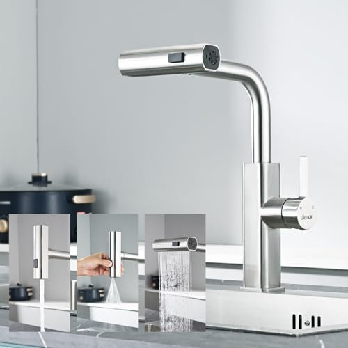 DETBOM Robinet Cuisine avec Douchette Extensible, 3 Modes de Réglage du Débit D'eau, Robinet Douchette Cuisine de Rotatif à 360°, Mitigeur Cuisine en Acier Inoxydable