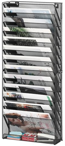 Solinxe 14-Tier Desk Tidy Organiser, A4 Wall Mounted Document Holder, Vertical Metal Magazine Rack, Wall Hanging Storage Organiser in Tray for Office Accessories Stationery Supplies, Black