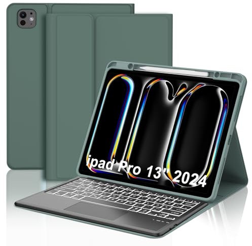 IVEOPPE Tastatur für iPad Pro 13 2024 (M4) Con Touchpad, 7-Farbige Beleuchtung, Hülle mit Bluetooth Magnetisch QWERTZ Tastatur für iPad Pro 7. Generation(M4) 13 Zoll 2024, Dunkelgrünes