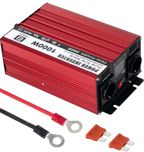 CNCEJIA 1000W Wechselrichter 12v auf 230v Spannungswandler Reiner Sinus Wechselrichter mit USB Anschlüsse und LCD Bildschirm für Haushaltsgeräte Auto Wohnmobil