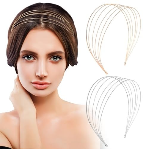 GOKEPO 2Pcs Multi Layers Metal Headbands Fashion Thin Elastic Metal Headband for Women Layered Elegant Headpiece Hair Accessories Row Wire Headband Bridal Headband Hair Hoop Wedding Hair Band