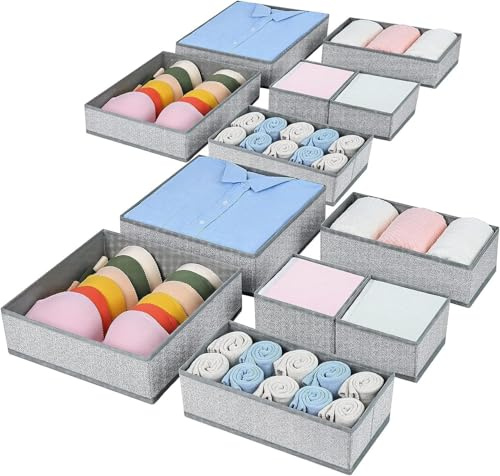Homsorout 12 Stück Schrank Organizer Schubladen Organizer, Faltbare Aufbewahrungsbox Stoff, Unterwäsche Organizer, Organizer Kleiderschrank für Kleidung, Socken, Grau Meliert