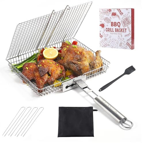Cesta de parrilla plegable para exteriores, parrilla de acero inoxidable con mango extraíble con 4 pinchos, cesta grande antiadherente para pescado, verduras y camarones, accesorios para barbacoa