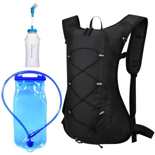 Zaino Idratazione con Vescica, Zaino con Borraccia, Zaino Trail Nero con Sacca Acqua da 2L e Borraccia Pieghevole da 500ml, per Escursionismo, Corsa, Maratona, Jogging, Ciclismo