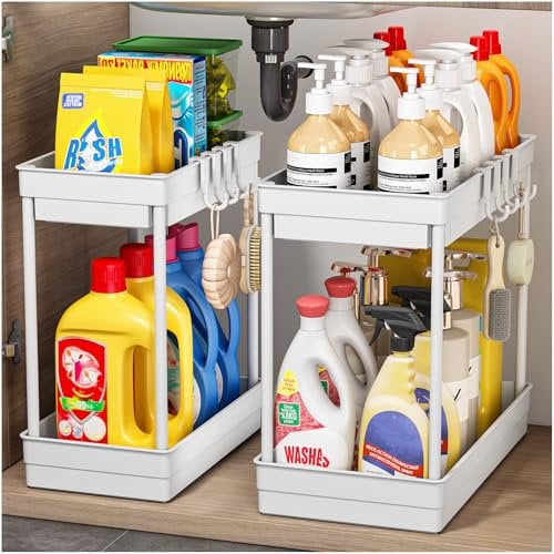 2 Pack Under Sink Storage Kitchen Organiser, 2 Tier Kitchen Storage Under Sink Shelf, Multi-Purpose Organisation for Bathroom,White