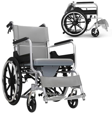 Fauteuil Roulant Chaise Percée Toilette et Douche, Fauteuil Roulant Autopropulsé Pliable Leger 14.6kg Coussin D'assise Amovible pour Personnes Âgées les Handicapés (20inch)