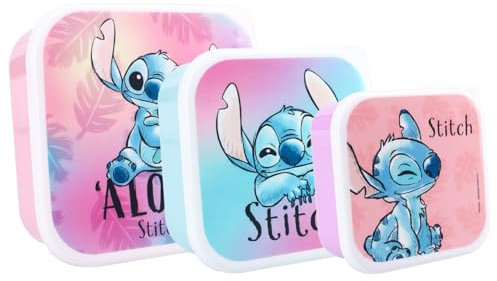Disney Lilo & Stitch Aloha – Juego para aperitivos (3 en 1) para niños 3 recipientes porta merienda encajables – Porta merienda aperitivos escuela guardería deporte