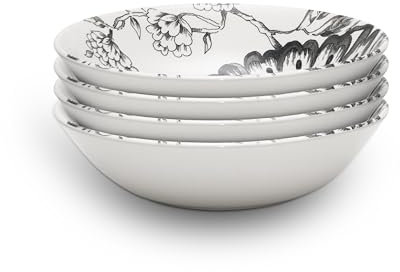 Wade WA967044BLK Botanical Night Set of 4 Cereal Bowls with Black Floral Design, Crafted from Earthenware, Made in Stoke-on-Trent, 19cm, Black