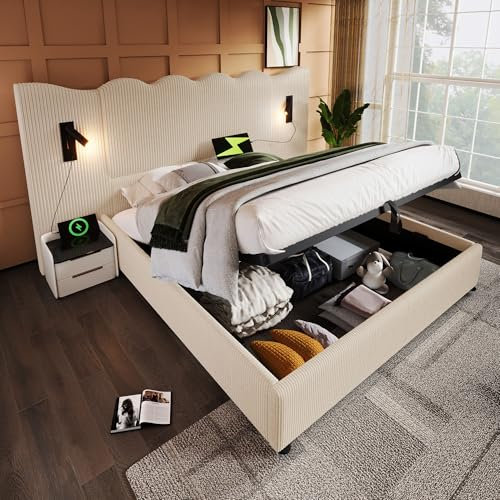 Generisch Polsterbett Doppelbett 160×200 mit Leselampe und USB Type-C Ladefunktion, Stauraumbett Bettgestell mit Lattenrost aus Massivholz und Metall, Beige-Weiß, Cordstoff (Ohne Matratze)
