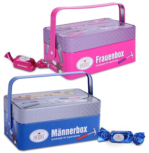 Heidel Männerbox & Frauenbox Set – Schokolade Pralinen im Werkzeug-Design – Männergeschenke für Papa, Mama, Opa, Oma und Freunde – Perfekt für Geburtstag, Vatertag, Muttertag & Dankeschön