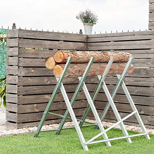 GYMAX Chevalet de Scie Pliable en Métal Robuste avec Dents de Scie Crantées | Support de Coupe Tréteau de Sciage, Chevalet de Tronçonnage Léger, Capacité de Poids 100 KG, pour Couper le Bois