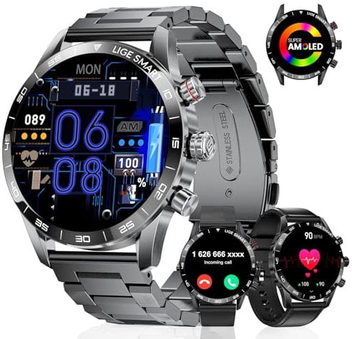 LIGE Reloj Inteligente Hombre con 3 Correas/400 mAh/15 días de duración de la batería,1.43 AMOLED Smartwatch para Android iOS,Llamadas Bluetooth,24H Frecuencia Cardíaca,IP68 Impermeable Smart Watch