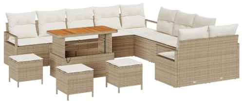 vidaXL 14-teiliges Garten-Sofaset mit Kissen in Beige aus Poly-Rattan und Akazie – Perfekt für Garten, Terrasse und Balkon. Modulares Design für Bequeme Sitzgelegenheiten und entspannende Momente.