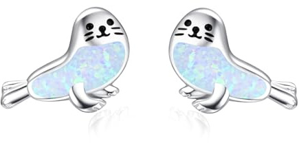 TANGPOET Seal Robbe Ohrringe für Damen Frauen Mädchen Silber 925 Weiß Opal Seehund Ohrstecker Schmuck Geschenke für Geburtstag Weihnachten Valentinstag Müttertag