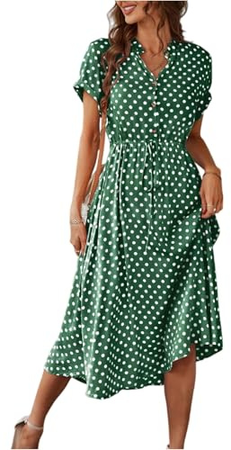 Damen Kleider Gepunktet Sommer Lang Sommerkleid Damen Leicht A Linie mit Knopfleiste Boho Kleid Kurzarm V Ausschnitt Maxikleider Frauen Sommer Punkte mit Gürtel Sommerkleider Leicht Und Luftig
