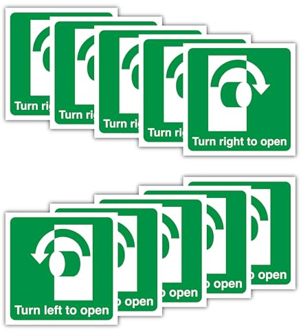 Pack of 10 Turn to Open Stickers – 5 Right & 5 Left – 100mm x 100mm Waterproof Vinyl Labels – Self Adhesive Thumb Turn Fire Door Signs
