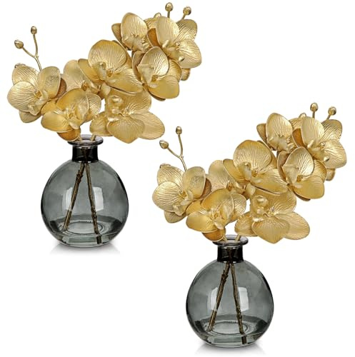 Hollyone 2pcs Artificial Gold Orchid Flower in Vase, Small Fake Orchid Plant with Glass Vase, Decorative Faux Phalaenopsis for Wedding, Centerpiece, Home Decor, Living Room, Bathroom Decorations