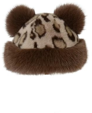 fdsmall Damen Winter Beanies Hut Faux Pelz fluffige Leopard Druck mongolische Hut Plüsch weiche wärmere Kappe mit Panda Ohren