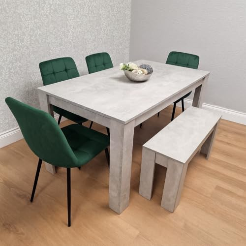 KOSY KOALA Dining Table and Chairs Set with 1 Bench - Stone Grey Kitchen Table with 4 Green Velvet Dining Chairs - Modern 6 Seater Kitchen Room Furniture Set - 140 x 80 x 75 cm