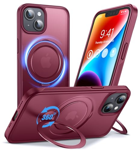 Anqrp 360° All-in-One-Ständerhülle für iPhone 14/13 Hülle mit Rotierbarem Magnetischem Ständerringhalter, Kompatibel mit MagSafe, Matt Stoßfeste MIL-Grade-iPhone 14/13 Case 6,1 Zoll, Wein Rot