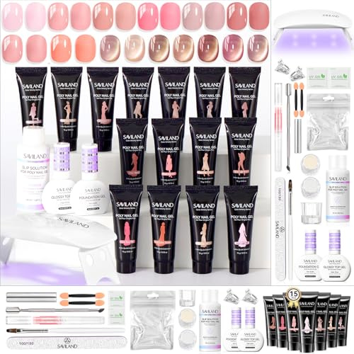 SAVILAND 15 Colors Poly Nail Gel Kit: Natural Peach Pink Sheer Cat Eye Poly Extension Gel Nail Kit with U V Lamp Slip Solution for Quick Nail Extensions 28 Days Long-Wear Home Use Salon Party Nail Art