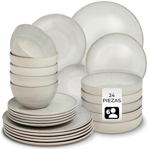 tectake® 24-teiliges Tafelservice 6 Personen, Steingut Geschirrset 6 Personen, handgefertigtes Teller Set mit Schüsseln, Geschirr Set spülmaschinen- und mikrowellengeeignet - North Beach